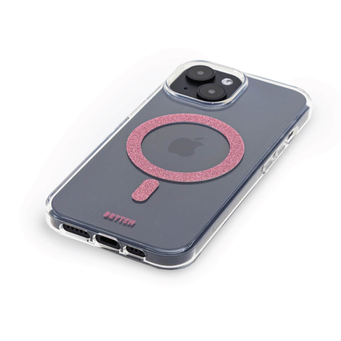 A iPhone 15 MagFx MagSafe Case - Bryten by Raptic with a pink button on it.