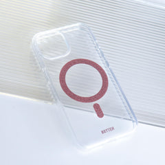 A Bryten iPhone 15 MagFx MagSafe Case with a red logo on it, compatible with MagSafe charger and supports wireless charging.