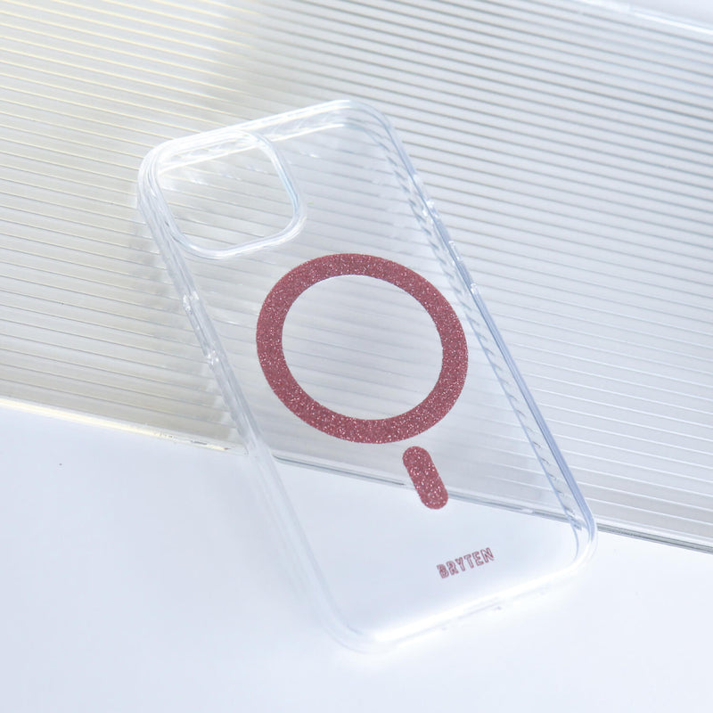 A Bryten iPhone 15 MagFx MagSafe Case with a red logo on it, compatible with MagSafe charger and supports wireless charging.