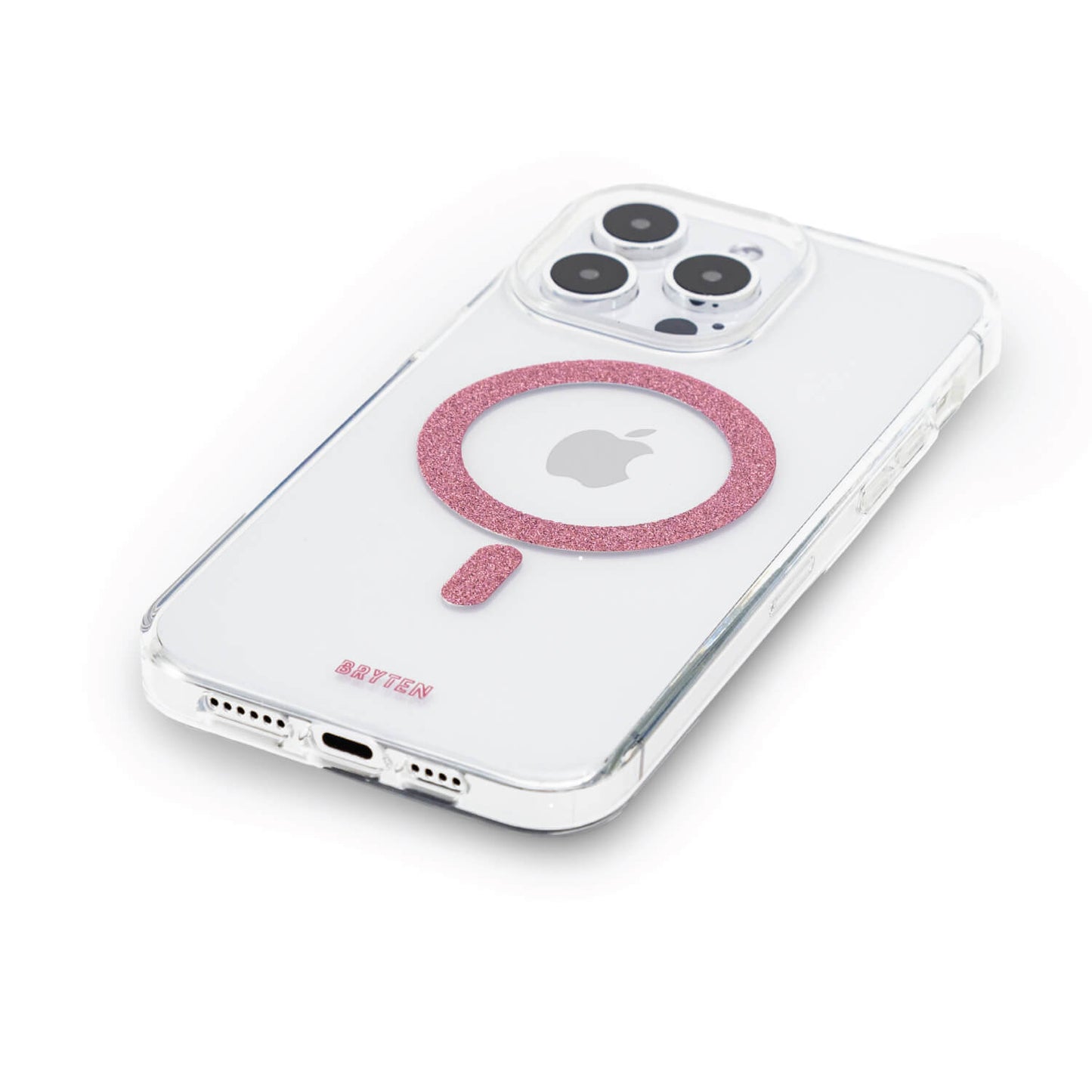 A clear Bryten MagFx iPhone 15 Pro Case with a pink circle on it, offering wireless charging capability.