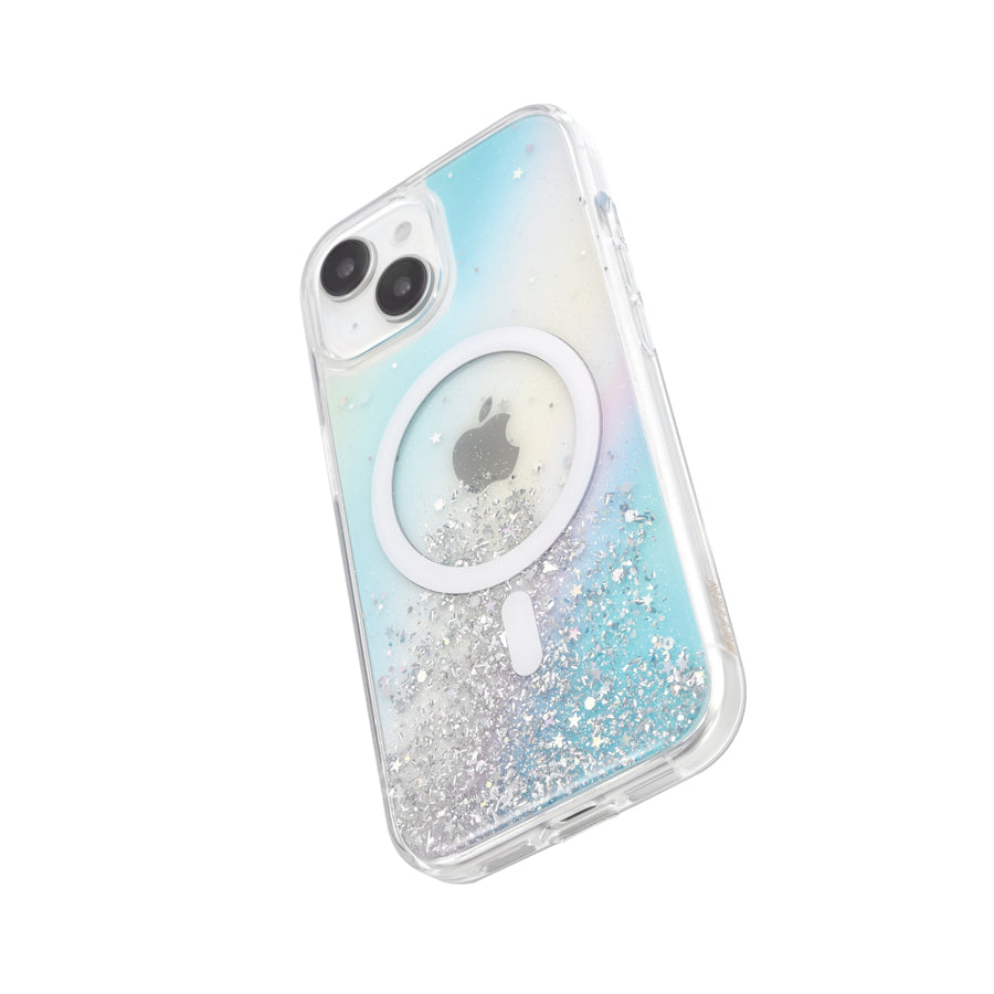 A clear iPhone 15 Starburst Glitter MagSafe Case - Bryten by Raptic with a glitter ring on it, compatible with wireless charging.