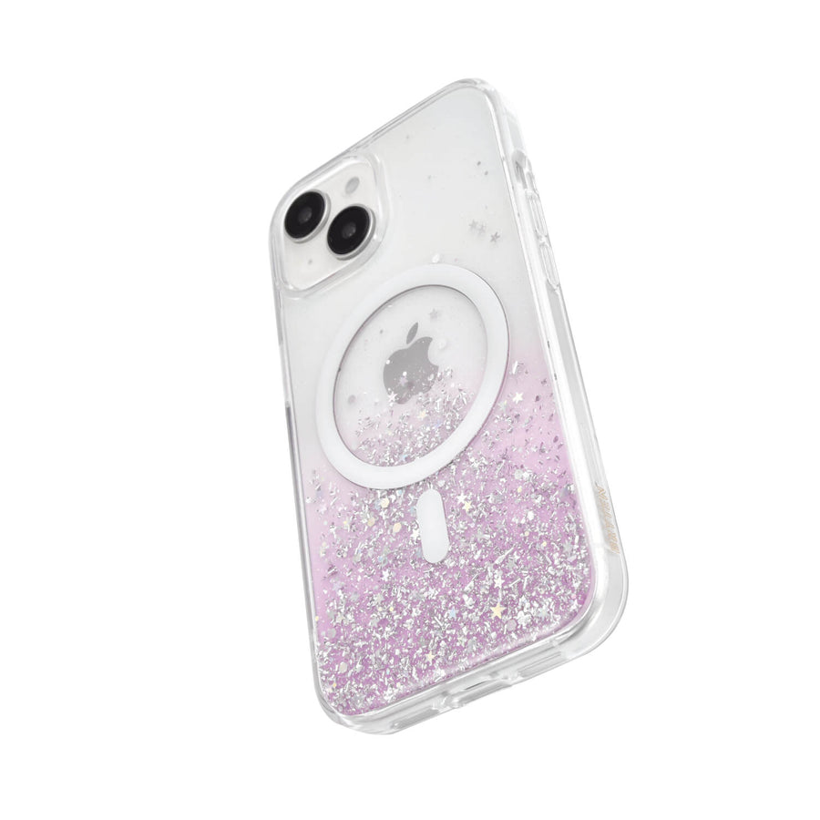 A pink and purple glitter iPhone 15 Starburst Glitter MagSafe case with wireless charging capability - Bryten by Raptic.