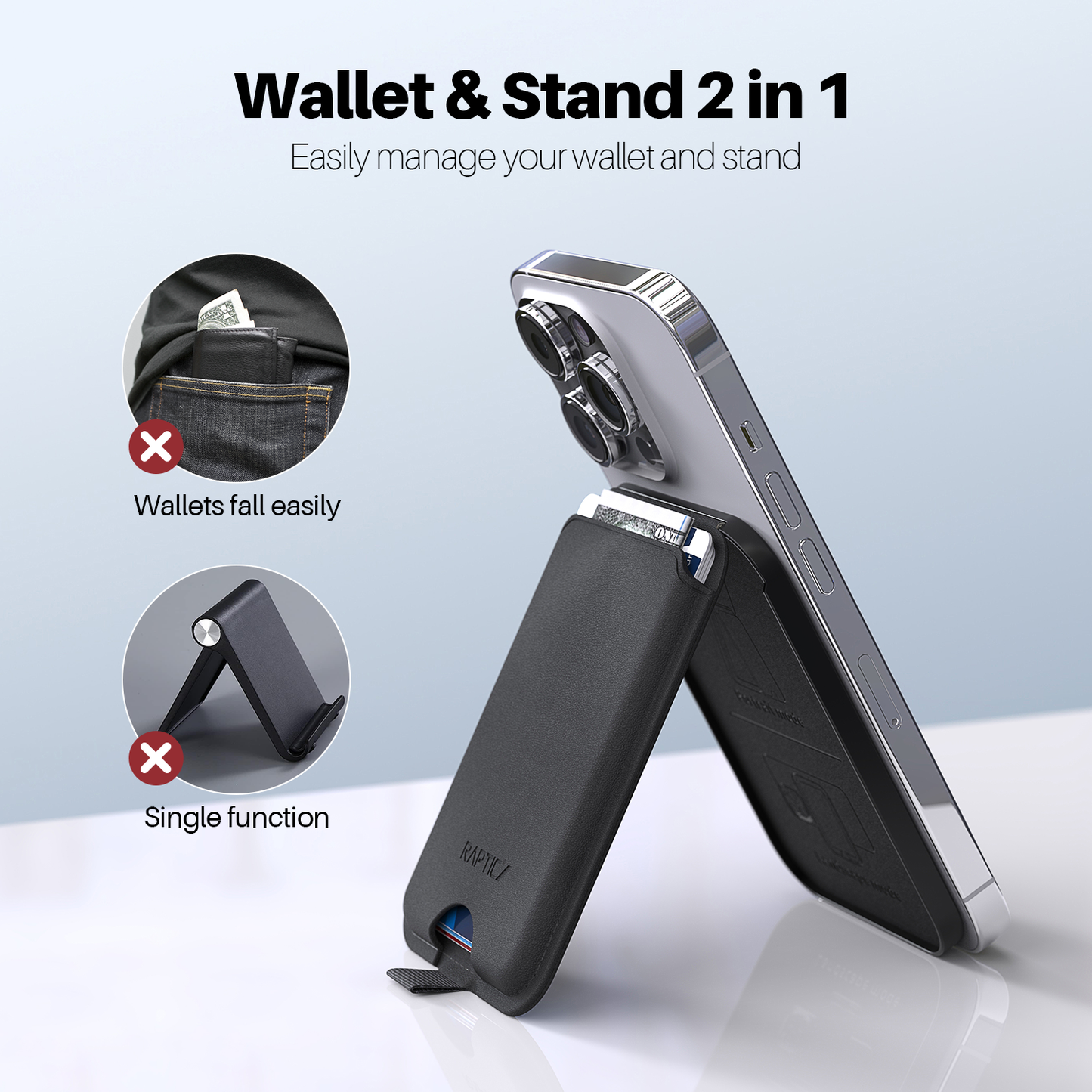 Raptic iPhone Wallet MagSafe KickStand is the magnetic wallet and stand for iPhone 11.