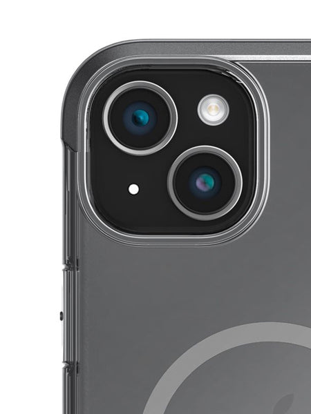 Close-up of a smartphone's rear dual cameras with flash, encased in a Raptic Bumper MagSafe Case for iPhone 15 - Air, offering durable protection with its transparent cover and machined aluminum alloy frame.