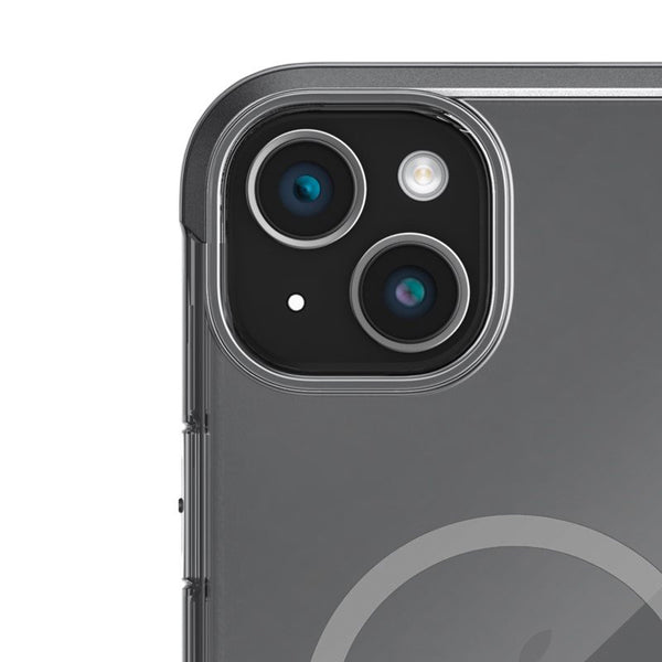 Close-up of a smartphone's rear dual cameras with flash, encased in a Raptic Bumper MagSafe Case for iPhone 15 - Air, offering durable protection with its transparent cover and machined aluminum alloy frame.