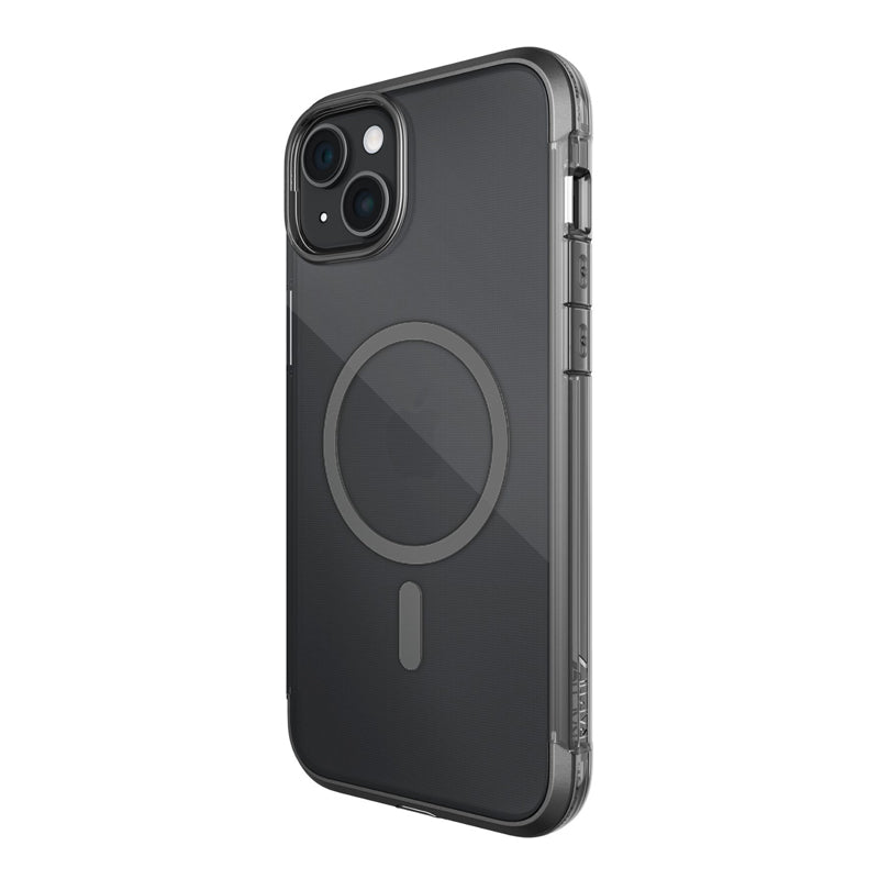 The Raptic Bumper MagSafe Case for iPhone 15 - Air combines durable protection with black edges and a circular machined aluminum alloy design, keeping your smartphone stylish and secure.