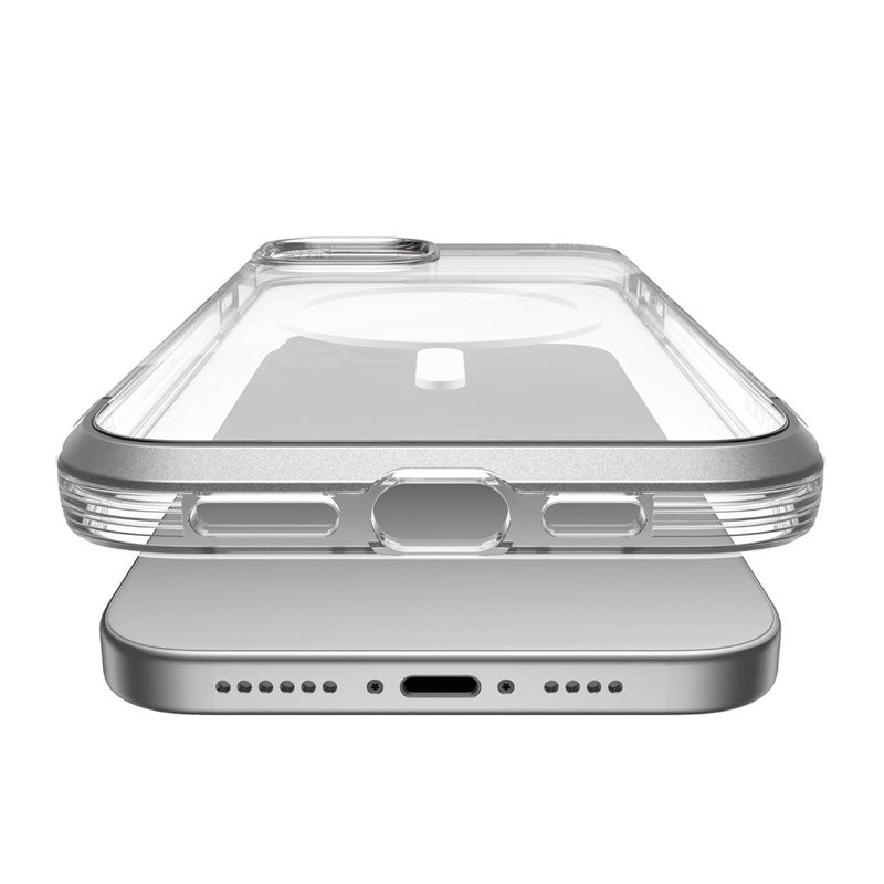 Raptic's Bumper MagSafe Impact Clear Case - Air showcasing button cutouts and charging port, displayed from a slightly elevated angle.