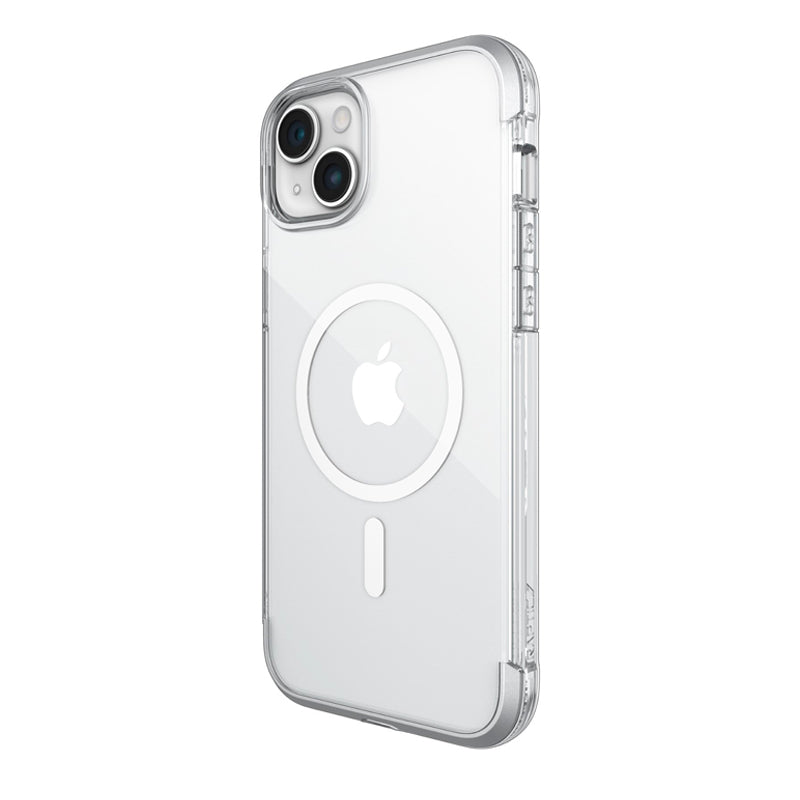 A transparent Raptic Bumper MagSafe Impact Clear Case - Air on a white background, showing the apple logo and camera lenses.