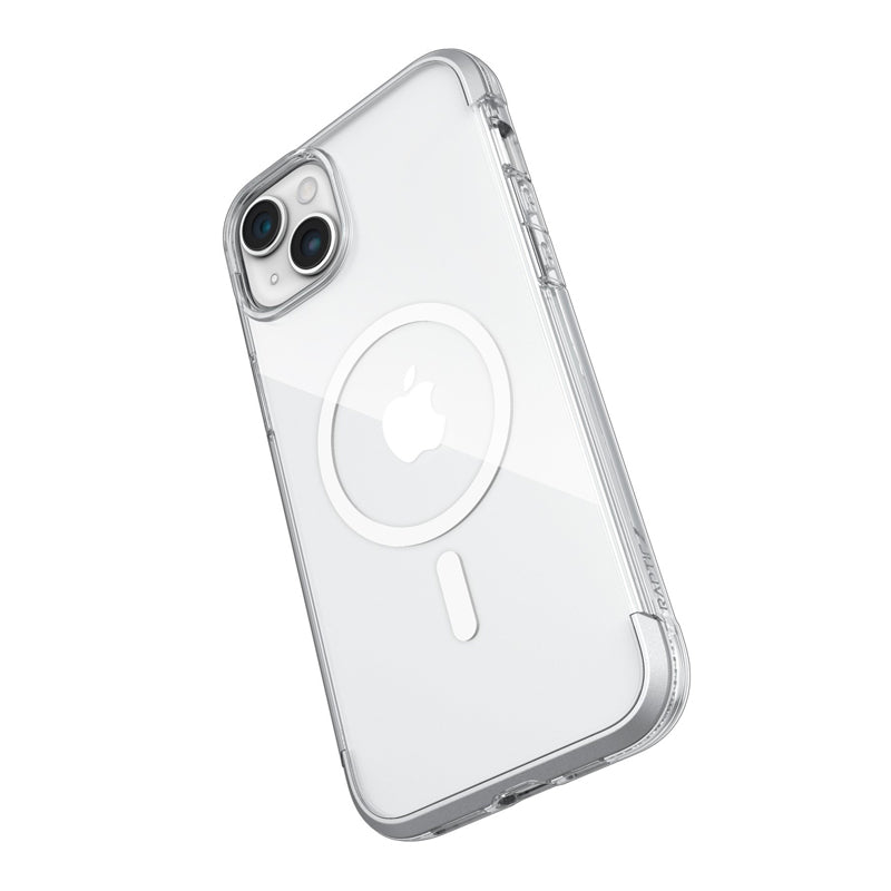 Raptic Bumper MagSafe Impact Clear Case - Air on an iPhone showcasing the apple logo and dual camera system, viewed from the back at an angled perspective.