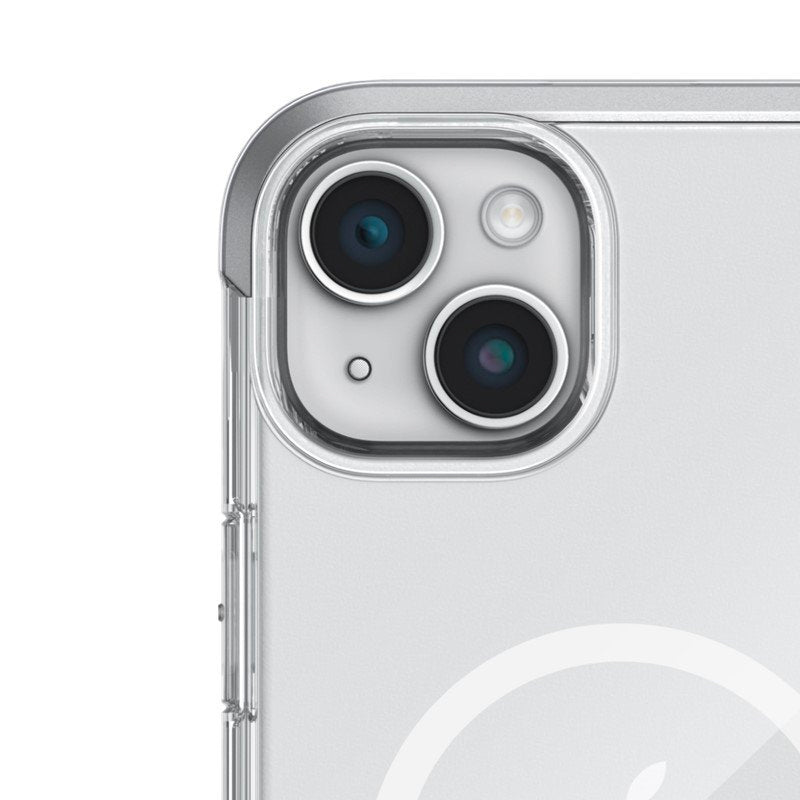 Close-up of a silver iPhone's dual-camera system located in the upper left corner, showcasing lens details and sleek design with the Raptic Bumper MagSafe Impact Clear Case - Air.