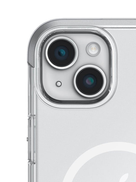 Close-up of an iPhone 15 with a dual-lens camera and flash, encased in the durable Raptic Bumper MagSafe Case for iPhone 15 - Air. This clear protective cover features machined aluminum alloy for enhanced strength and style.