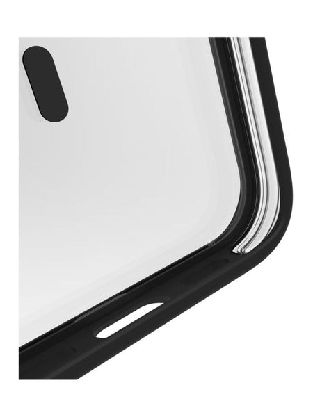 Close-up of a iPhone 15 Pro Max Case - Air+ corner showing the screen, curved edge, and side button details with military spec drop protection by Raptic.