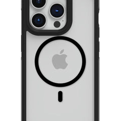 Black and gray iPhone 15 Pro Max in a Raptic Air+ case with military spec drop protection, featuring a circular cutout showing the apple logo and space for a camera with three lenses.