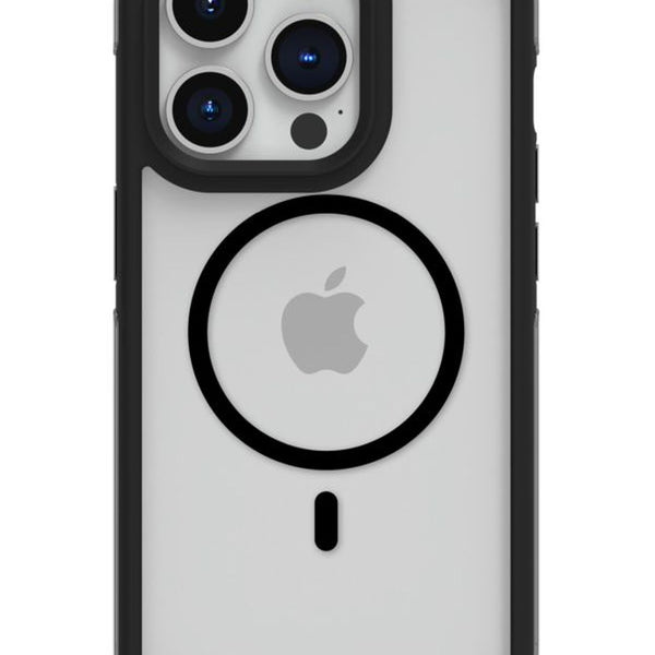 Black and gray iPhone 15 Pro Max in a Raptic Air+ case with military spec drop protection, featuring a circular cutout showing the apple logo and space for a camera with three lenses.