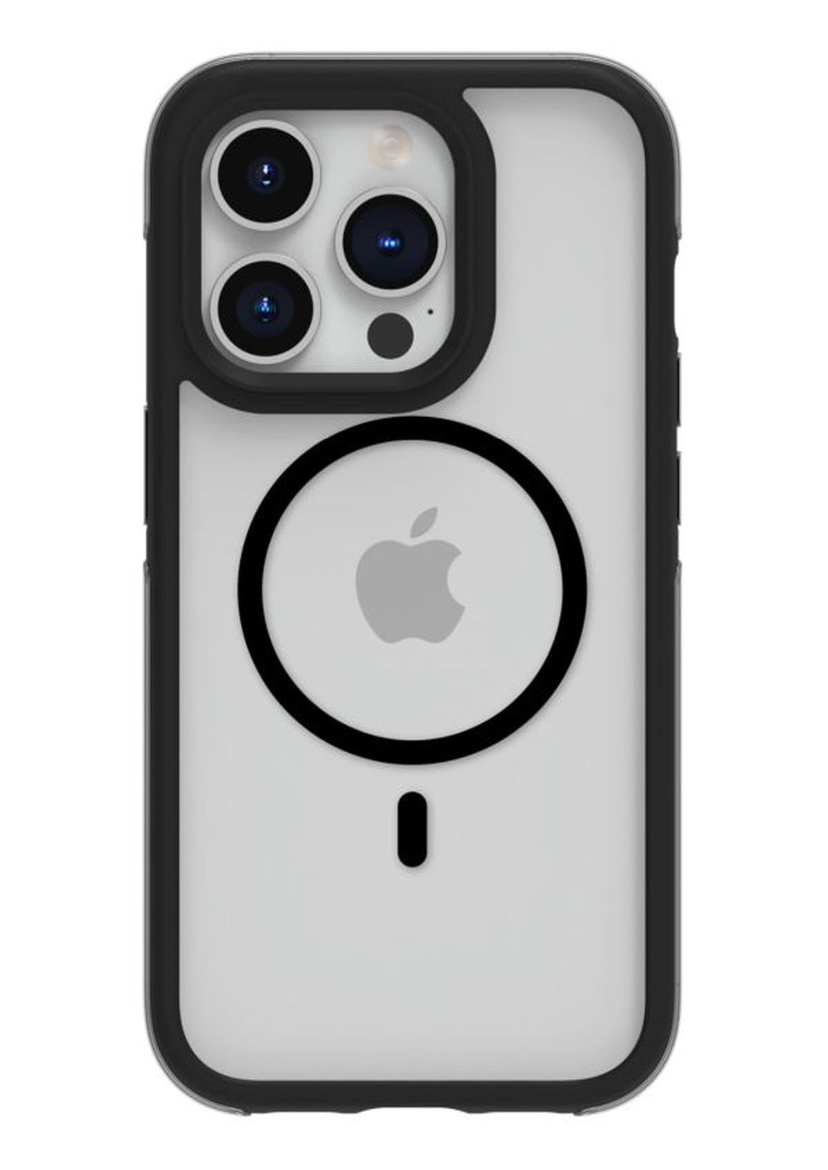 Black and gray iPhone 15 Pro Max in a Raptic Air+ case with military spec drop protection, featuring a circular cutout showing the apple logo and space for a camera with three lenses.