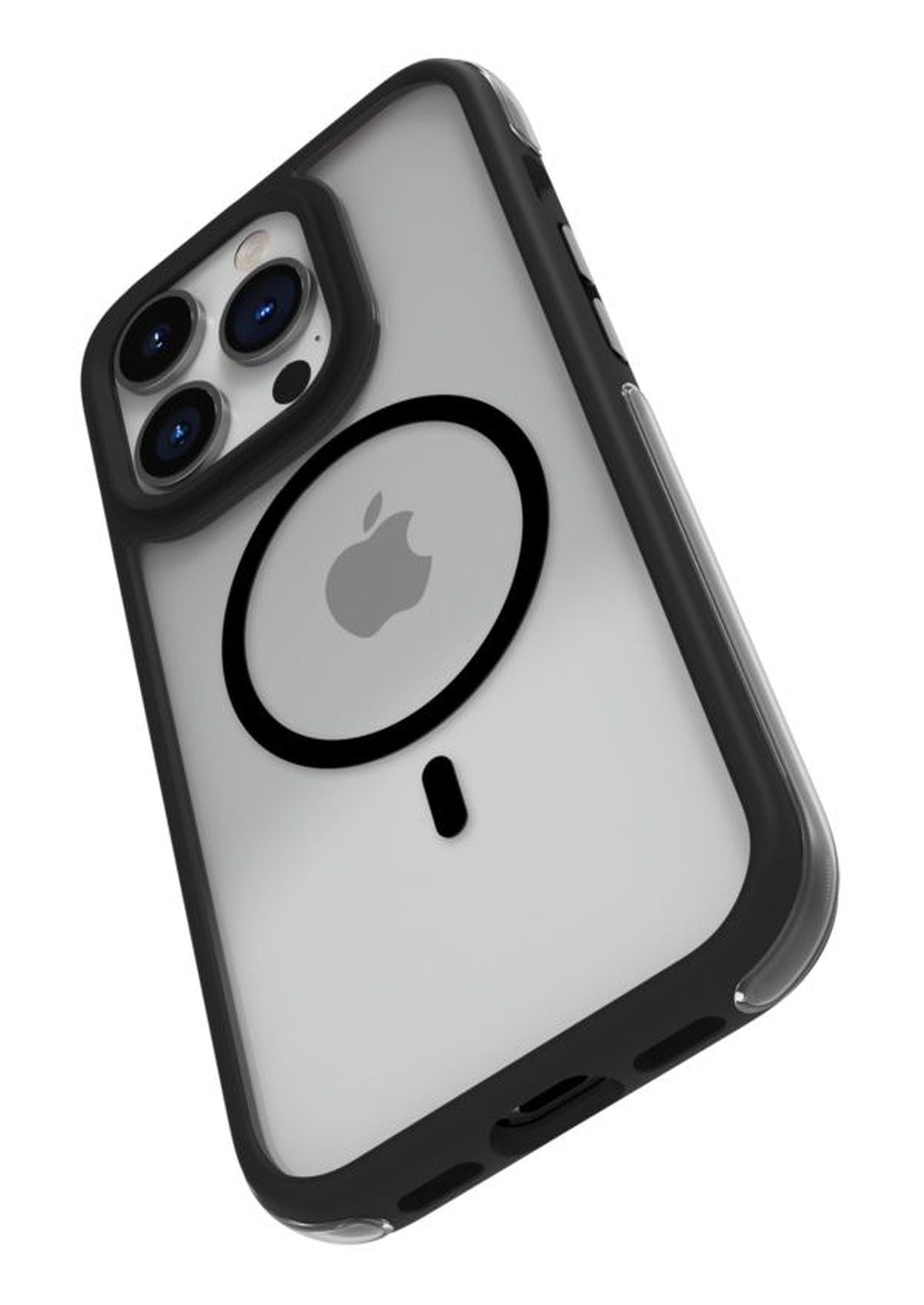 An iPhone 15 Pro Max in a Raptic black protective case with military spec drop protection, viewed from the back, showing its triple-camera system and Apple logo.