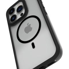 An iPhone 15 Pro Max in a Raptic black protective case with military spec drop protection, viewed from the back, showing its triple-camera system and Apple logo.