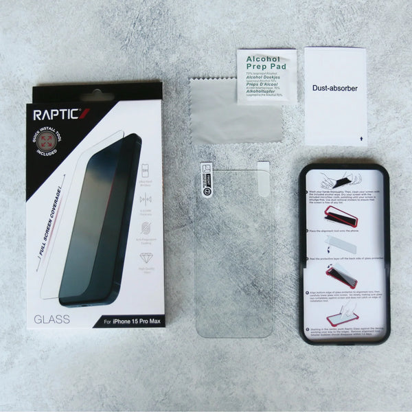 A high-demand package with the iPhone 15 Collection Full Cover Glass - Raptic Full Coverage and a glass screen protector featuring fingerprint coating.