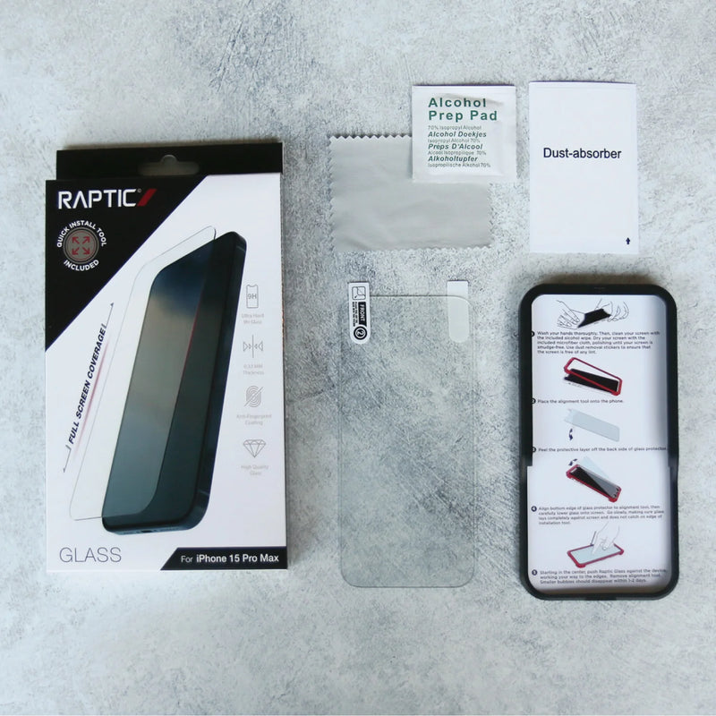 A high-demand package with the iPhone 15 Collection Full Cover Glass - Raptic Full Coverage and a glass screen protector featuring fingerprint coating.