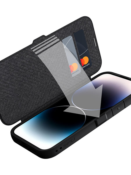 A Raptic drop defense iPhone 15 Wallet Case with card slots.