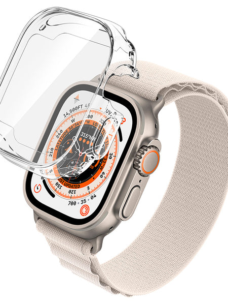 A clear case, the Raptic Apple Watch Ultra 49mm Full Cover Case - 360x, is fitted on an Apple Watch, providing protection while showcasing its elegant design.