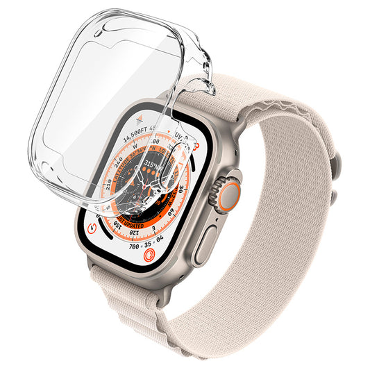 A clear case, the Raptic Apple Watch Ultra 49mm Full Cover Case - 360x, is fitted on an Apple Watch, providing protection while showcasing its elegant design.