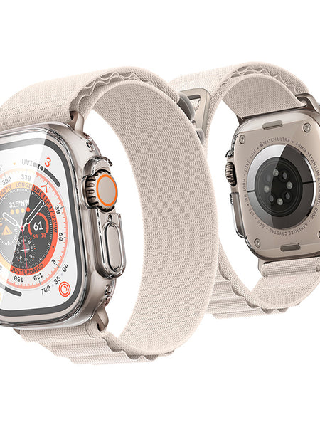 A pair of Apple Watch Ultra 49mm Full Cover Case - 360x straps in beige and orange, compatible with Raptic 360x Bumper Case.
