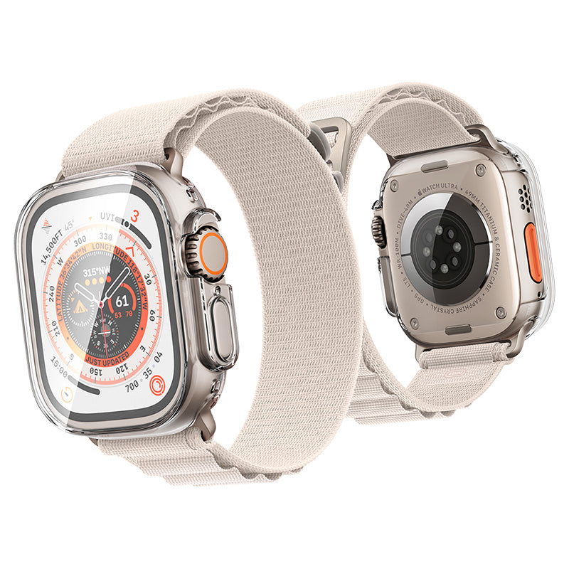 A pair of Apple Watch Ultra 49mm Full Cover Case - 360x straps in beige and orange, compatible with Raptic 360x Bumper Case.