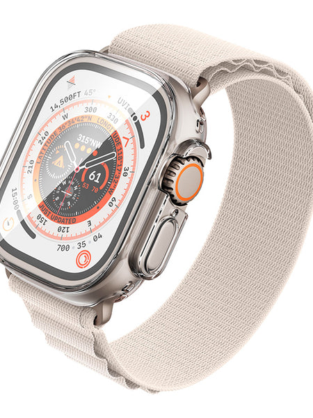 A sleek white-banded Apple Watch, protected by the Raptic Apple Watch Ultra 49mm Full Cover Case - 360x and hybrid glass screen protector.