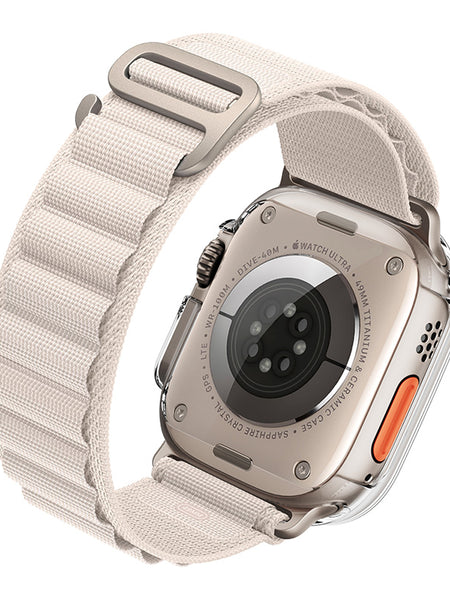 A white Raptic Apple Watch Ultra 49mm Full Cover Case - 360x band with an orange strap, compatible with the Apple Watch.