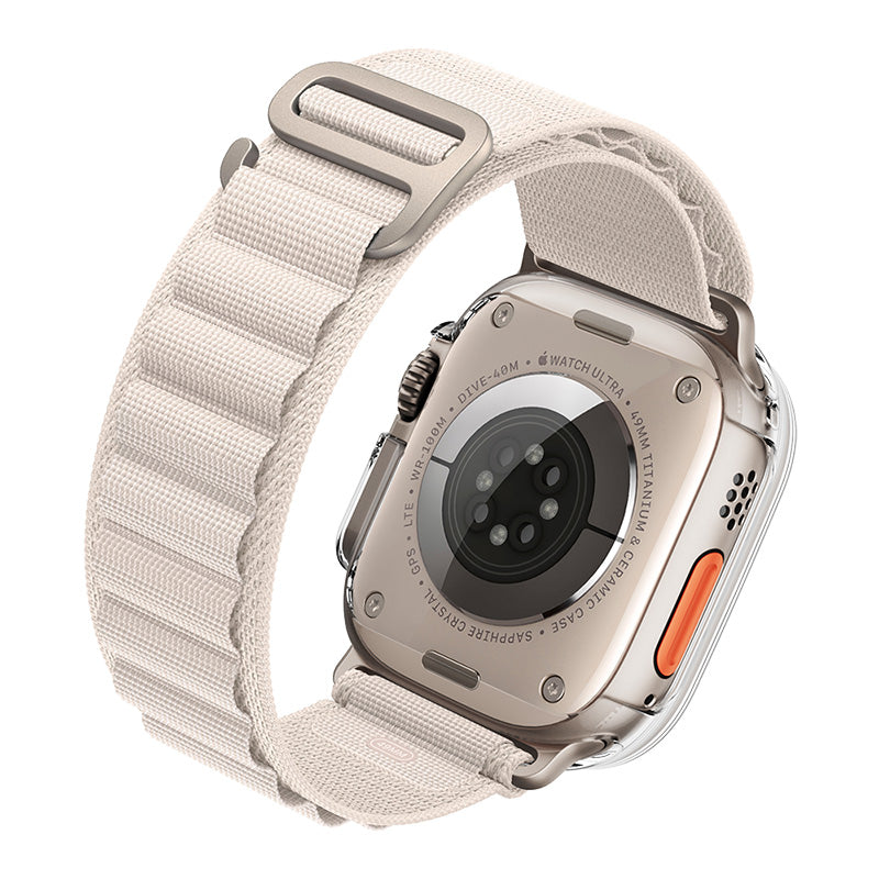 A white Raptic Apple Watch Ultra 49mm Full Cover Case - 360x band with an orange strap, compatible with the Apple Watch.