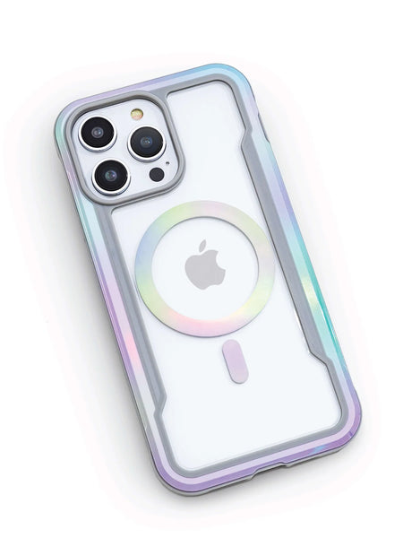 Sentence with product name and brand name: iPhone 15 Shield MagSafe Case - Shield 2.0 in a clear Raptic case with an apple logo and a circular rainbow design, showcasing three camera lenses.