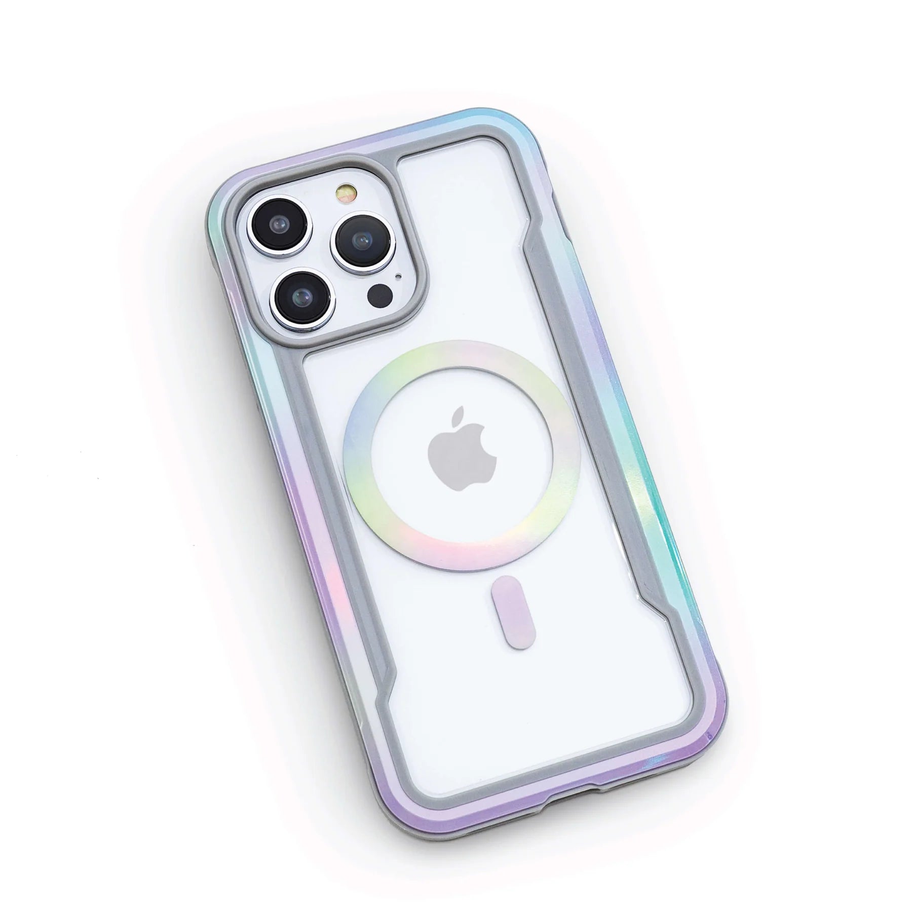 Sentence with product name and brand name: iPhone 15 Shield MagSafe Case - Shield 2.0 in a clear Raptic case with an apple logo and a circular rainbow design, showcasing three camera lenses.