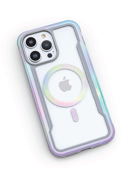 A lightweight iPhone 15 Shield MagSafe Case - Raptic Shield 2.0 with a holographic logo and MagSafe ring.