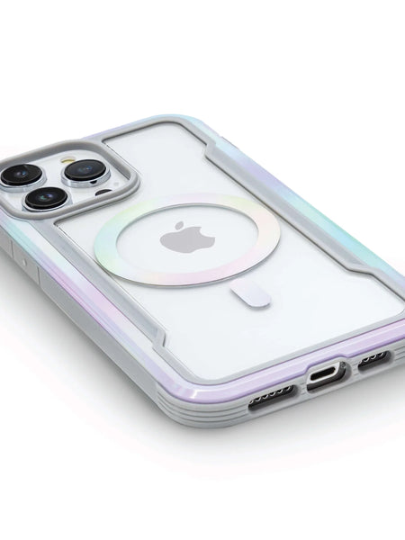 Transparent Raptic iPhone 15 Shield MagSafe Case - Shield 2.0 on a white background, showcasing the camera lenses and apple logo, with a built-in circular MagSafe magnet visible.