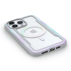 Transparent Raptic iPhone 15 Shield MagSafe Case - Shield 2.0 on a white background, showcasing the camera lenses and apple logo, with a built-in circular MagSafe magnet visible.