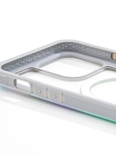 Close-up of a gray Raptic iPhone 15 Shield MagSafe Case with textured edges and cutouts for camera and buttons, against a white background.