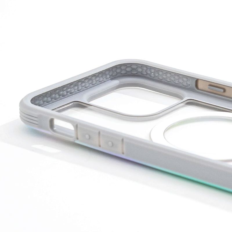 Close-up of a gray Raptic iPhone 15 Shield MagSafe Case with textured edges and cutouts for camera and buttons, against a white background.