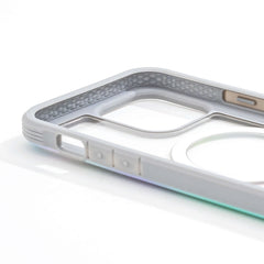 Close-up of a gray Raptic iPhone 15 Shield MagSafe Case with textured edges and cutouts for camera and buttons, against a white background.