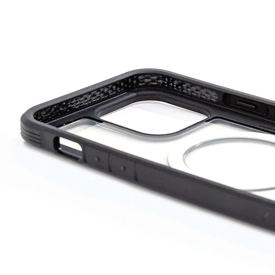 Black Raptic iPhone 15 Shield MagSafe Case lying on a white background, featuring precise cutouts for camera and buttons.