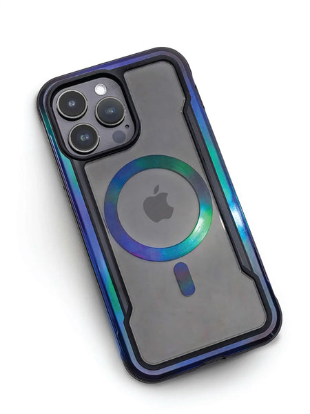 The iPhone 15 Shield MagSafe Case - Raptic Shield 2.0 features a blue and black ring, produced using the IML process.
