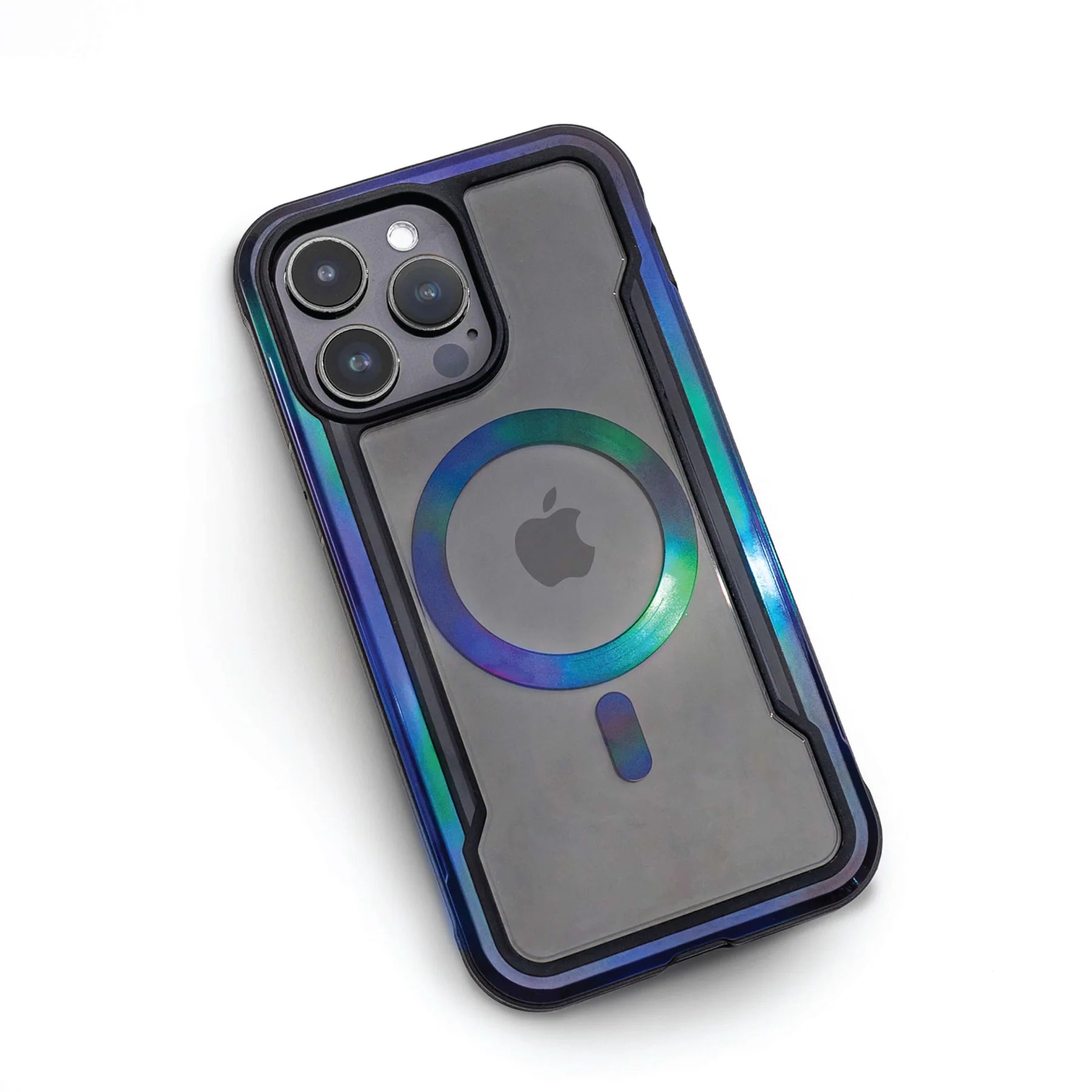 A iPhone 15 in a clear Raptic Shield 2.0 case with a visible apple logo, featuring three camera lenses and a colorful ring around the magnetic charging area.