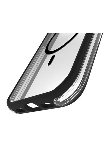 Transparent iPhone 15 Pro Max case highlighting the volume button and corner protection with air cushion function by Raptic.