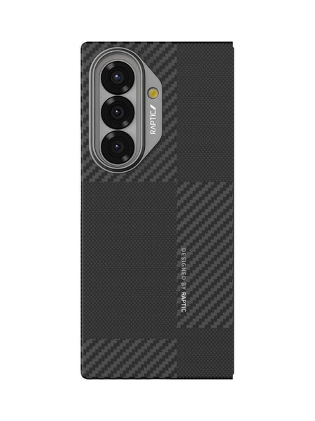 The Raptic Samsung Galaxy Z Fold 7 Geotik Aramid Fibre Skin features a black, plaid-textured aramid fiber design with three vertical camera cutouts on the left side. MagSafe compatible for added convenience.