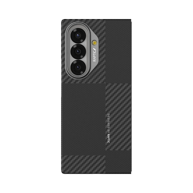 The Raptic Samsung Galaxy Z Fold 7 Geotik Aramid Fibre Skin features a black, plaid-textured aramid fiber design with three vertical camera cutouts on the left side. MagSafe compatible for added convenience.