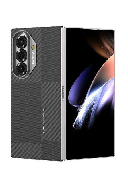 A partially open Samsung Galaxy Z Fold 7 with Raptic's Geotik Aramid Fibre Skin showcases its front display and rear camera module in a sleek, protective design.