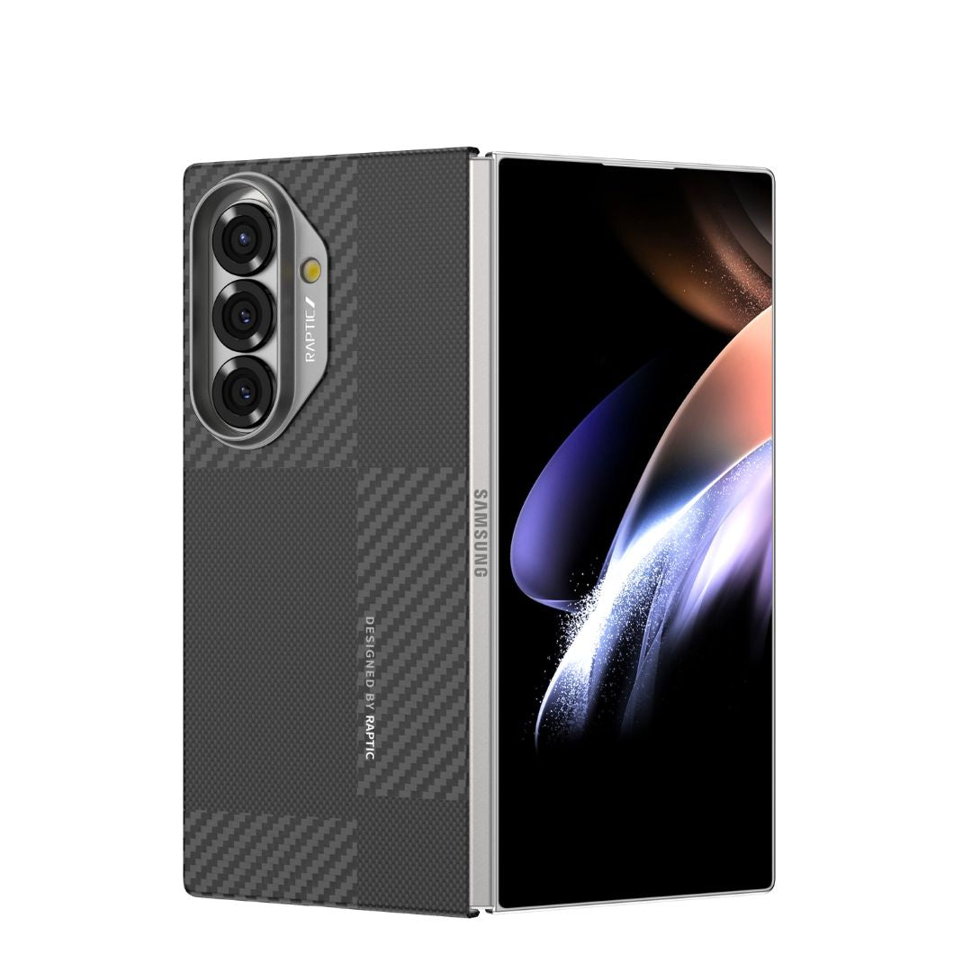 A partially open Samsung Galaxy Z Fold 7 with Raptic's Geotik Aramid Fibre Skin showcases its front display and rear camera module in a sleek, protective design.