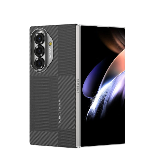 A partially open Samsung Galaxy Z Fold 7 with Raptic's Geotik Aramid Fibre Skin showcases its front display and rear camera module in a sleek, protective design.