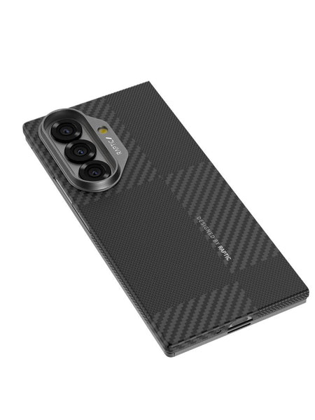 The Raptic Samsung Galaxy Z Fold 7 Geotik is shown from the back, featuring a black aramid fiber skin with a textured checkered design, highlighting its triple camera setup and slim profile.