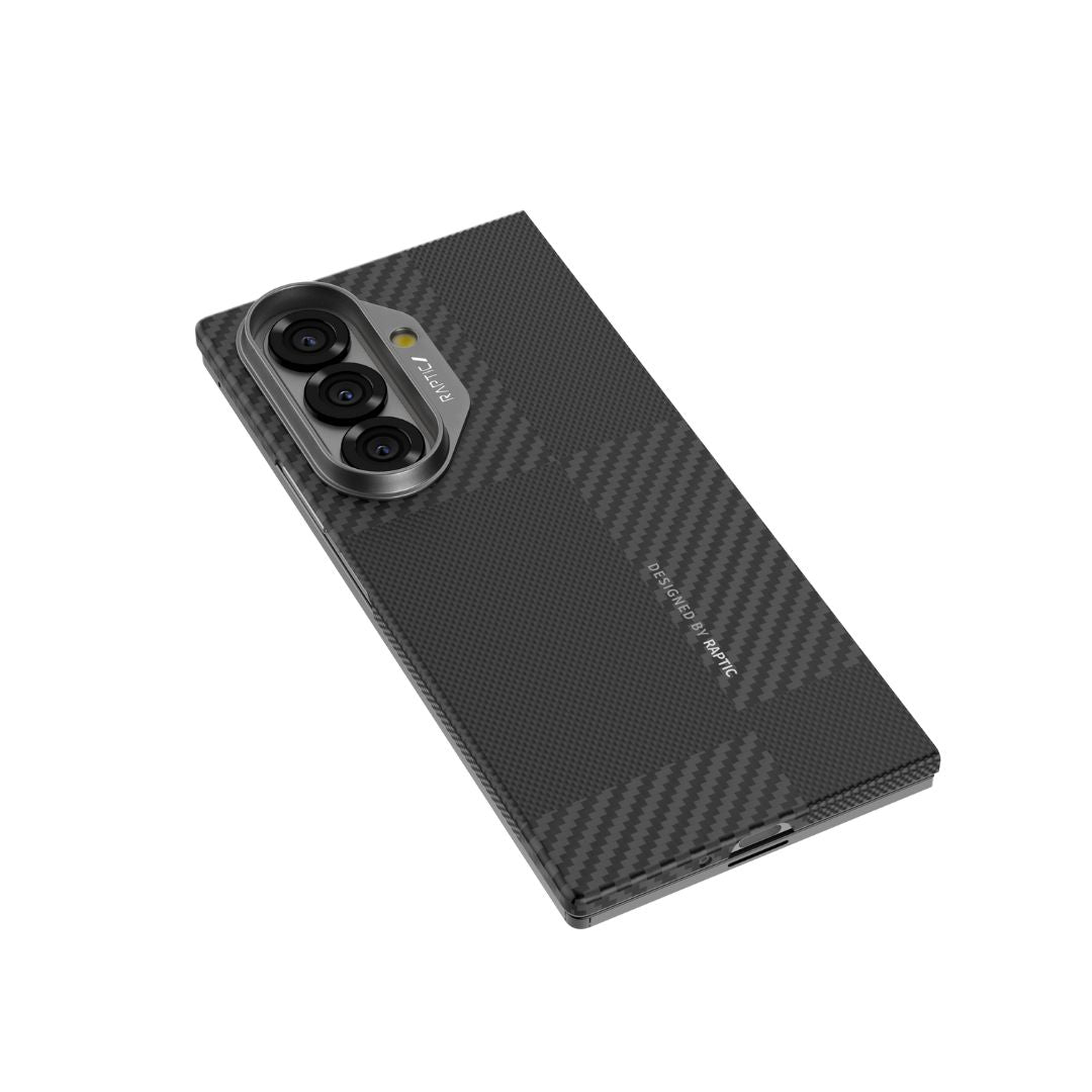The Raptic Samsung Galaxy Z Fold 7 Geotik is shown from the back, featuring a black aramid fiber skin with a textured checkered design, highlighting its triple camera setup and slim profile.
